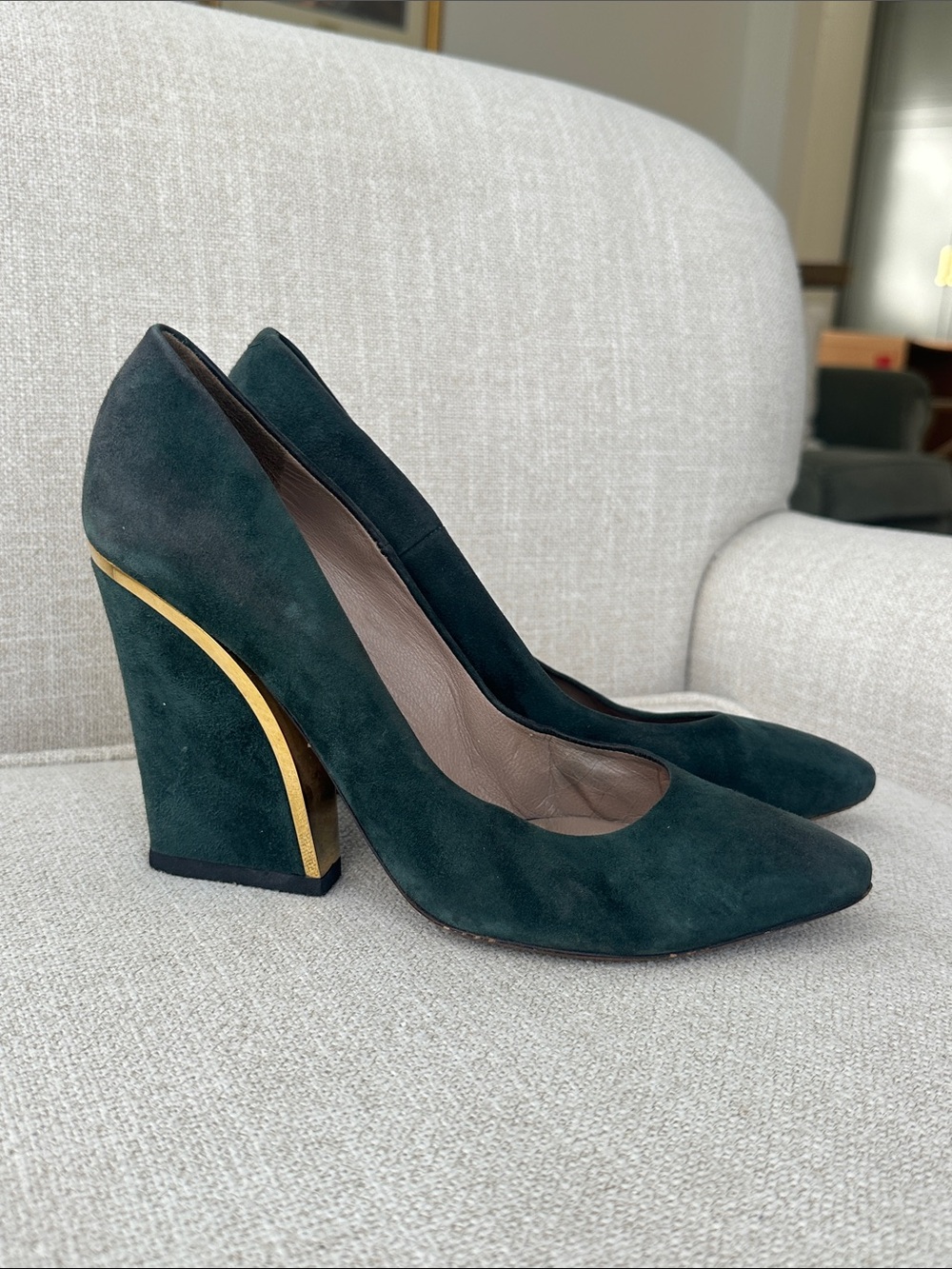 Chloe Dark Green Emerald Suede Pointed Toe Block Heel Pumps Gold Accent